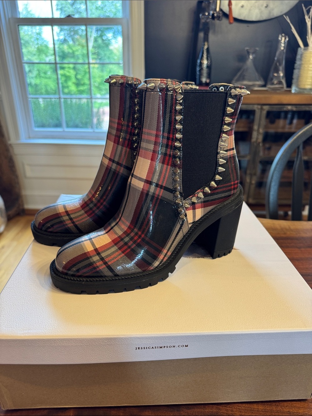 Jessica Simpson 7.5 Plaid Studded Ankle Booties - Red, Tan, Black